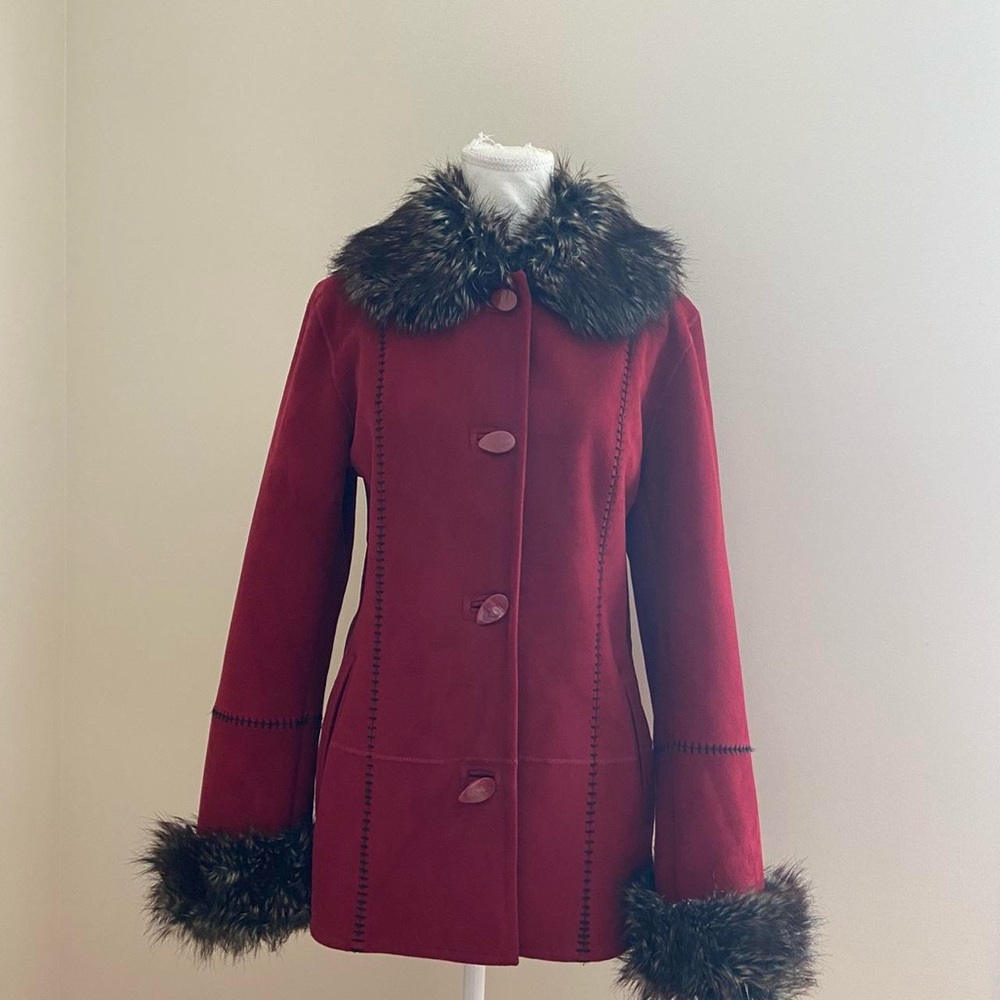 Women's Red Faux Fur Trim Coat